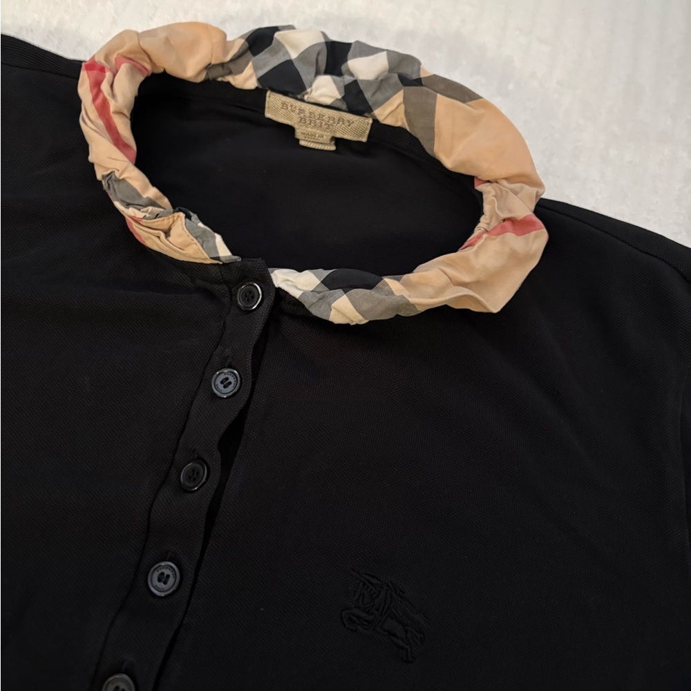 Burberry Black Long Sleeve Button-Down Shirt with Beige Check Collar - Picture 2 of 4